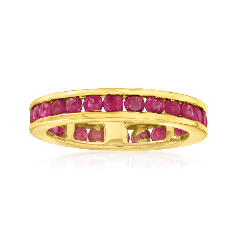 14kt yellow gold ruby eternity band with round pink gemstones, prong-set.