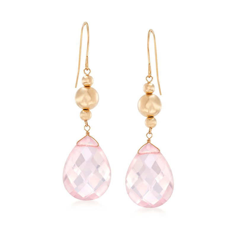 14kt yellow gold bead drop earrings with pink faceted rose quartz teardrop charms