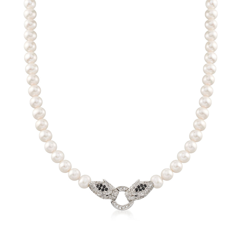 Cultured pearl bead necklace with sterling panther head double motif clasp