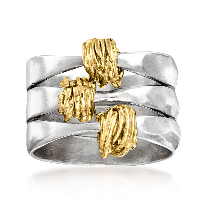 Two-tone sterling silver ring with gold wrapped ridged station accents