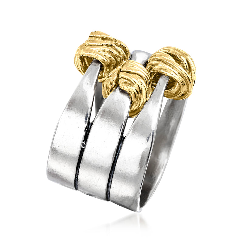 Two-tone sterling silver ring with gold wrapped ridged accents, side view