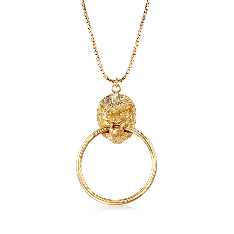 Yellow gold lion head doorknocker pendant necklace with circular ring link chain