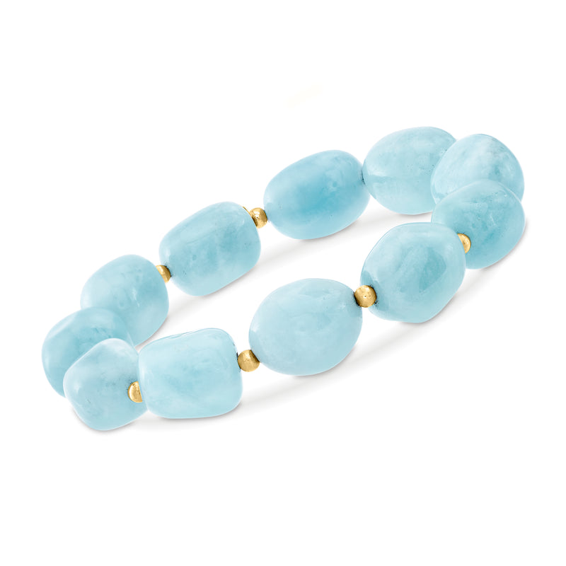 Aquamarine blue bead stretch bracelet with 14kt yellow gold bead spacers