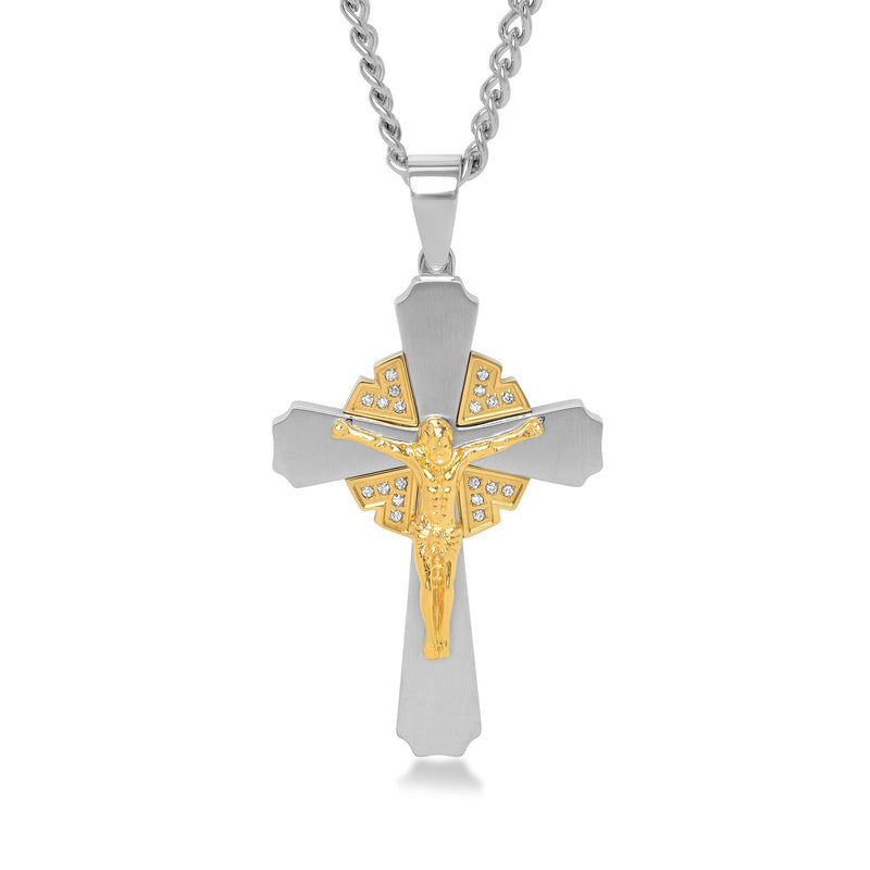 Two-tone stainless steel crucifix pendant necklace with gold accents and diamond inlays