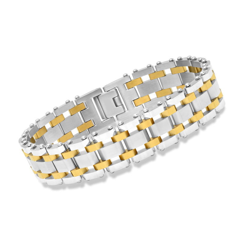 Two-tone stainless steel railroad-link bracelet for men with gold-tone bar accents