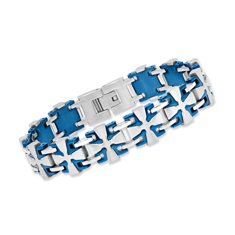 Men's stainless steel cross-link bracelet with blue and white link accents