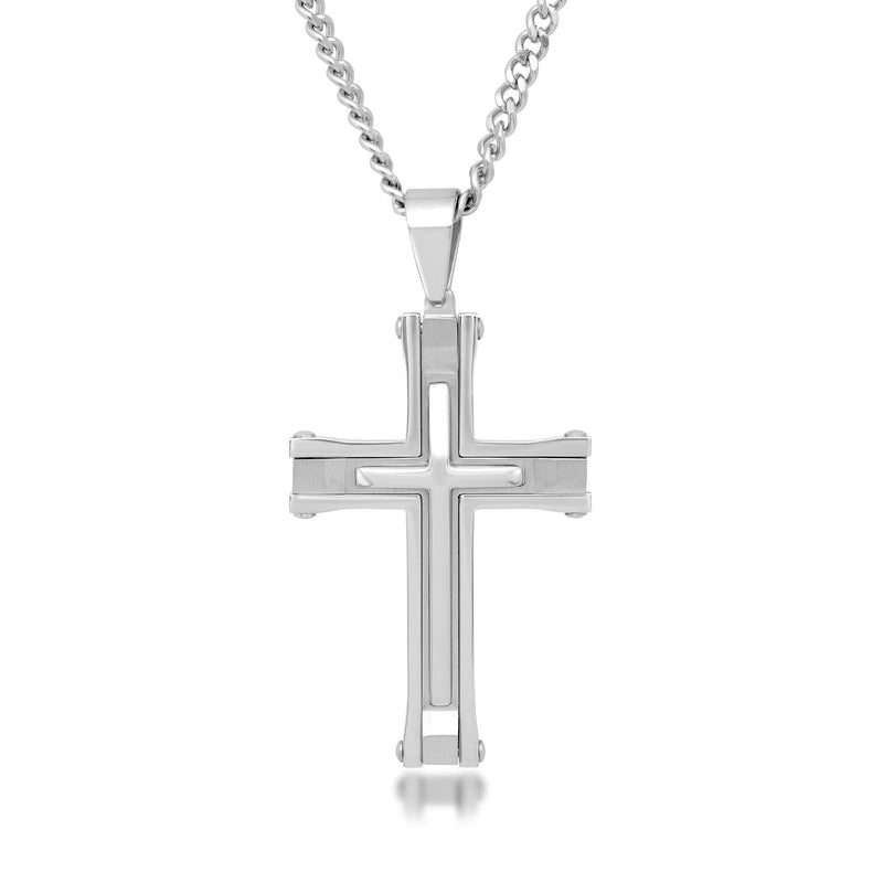 Men's stainless steel cross pendant necklace with polished cross and link chain