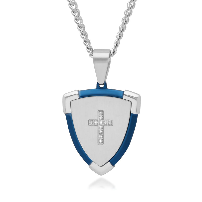 Shield pendant necklace with blue enamel, stainless steel cross, diamond accents, silver chain