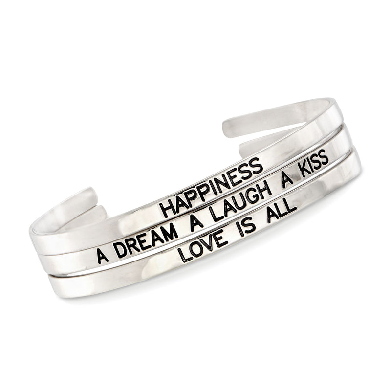 Sterling silver cuff bangle set of three with engraved inspirational quotes