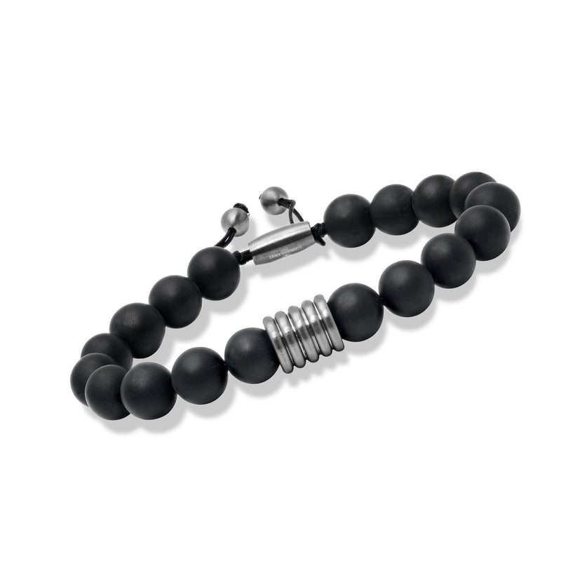 Men's black onyx bead bolo bracelet with gunmetal stainless steel slide clasp