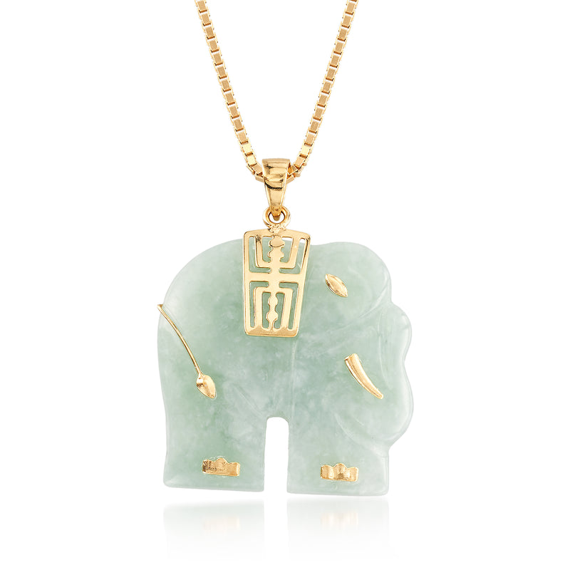 Carved green jade elephant pendant necklace with 18kt gold-plated chain