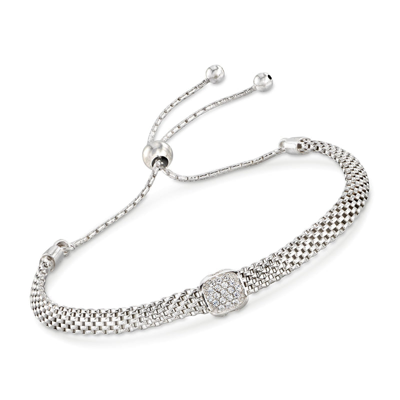 Italian sterling silver mesh bolo bracelet with round CZ station and braided ends