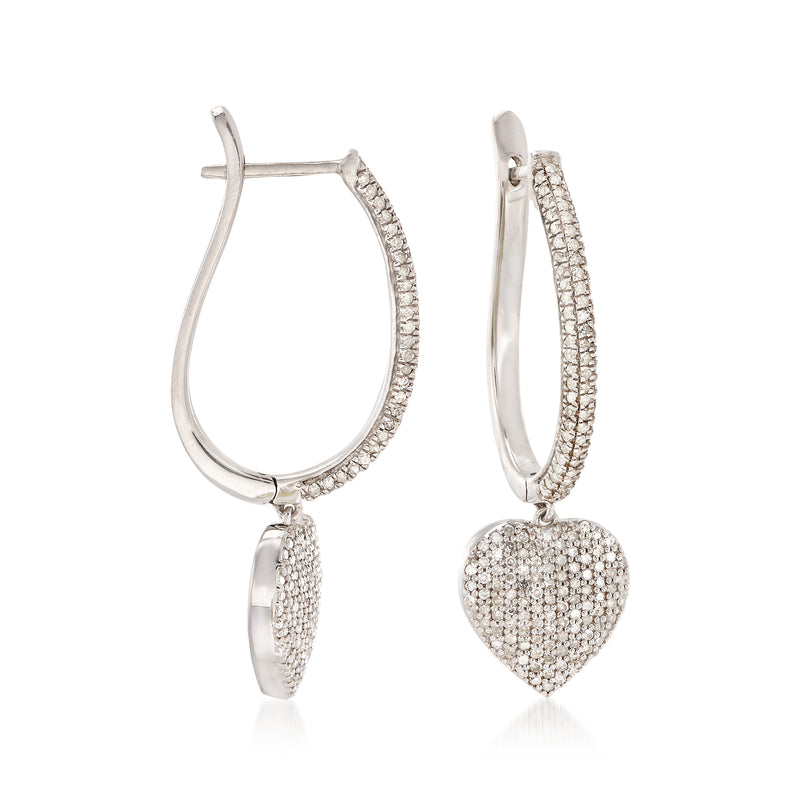 Sterling silver pave diamond heart drop earrings
