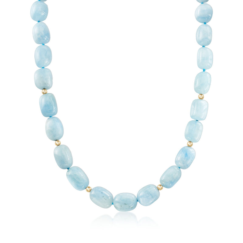 Aquamarine bead necklace with 14kt yellow gold spacers, light blue oval beads