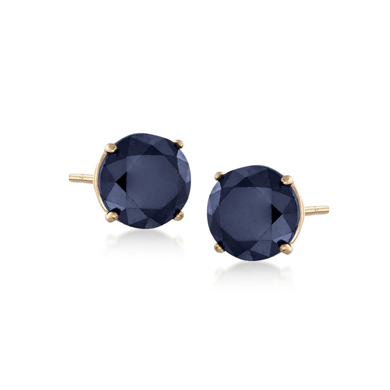 Round dark blue sapphire stud earrings in 14kt yellow gold, prong-set