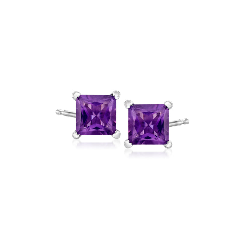 Sterling silver princess-cut amethyst stud earrings, square purple stones with prongs