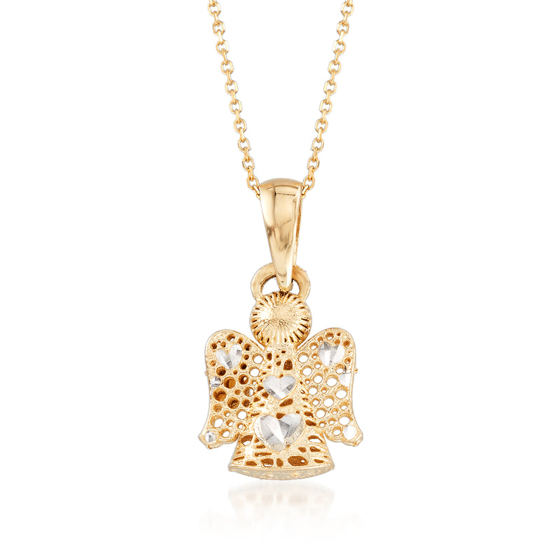 14kt yellow gold openwork angel pendant necklace with heart details
