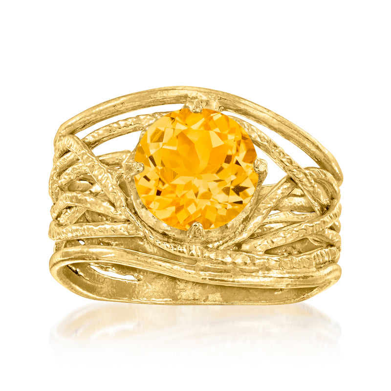 Textured openwork citrine gemstone ring in 18kt gold over sterling, oval yellow center