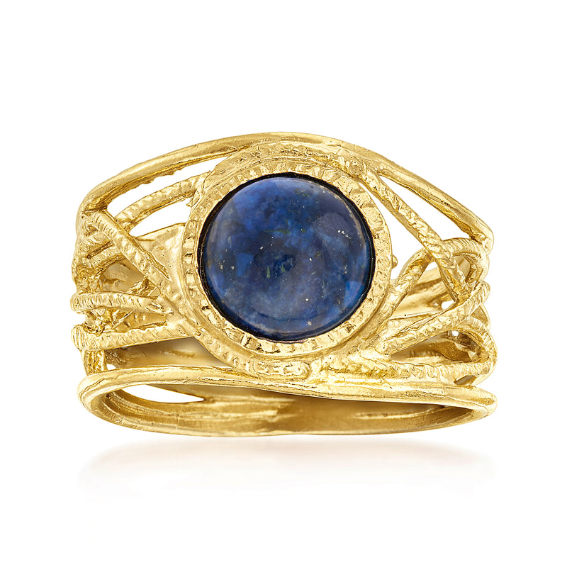 Gold-tone openwork ring with textured band and oval lapis-blue cabochon
