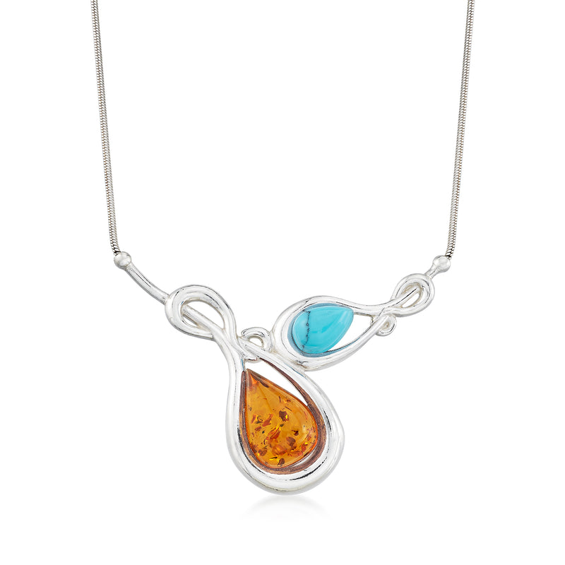 Sterling silver howlite necklace with orange and blue teardrop stones