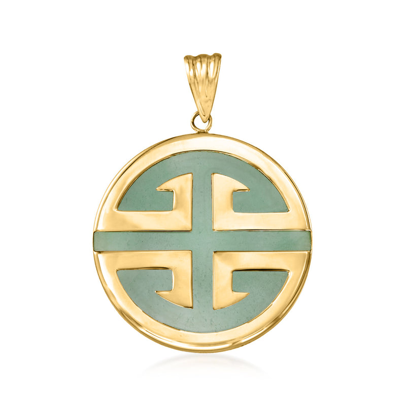 14kt yellow gold round pendant with jade-green inlay and gold cross motif