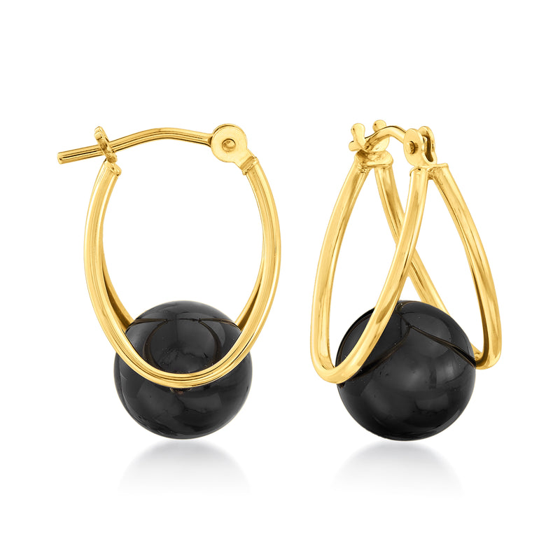 14kt yellow gold onyx bead double-hoop earrings with black round bead accents