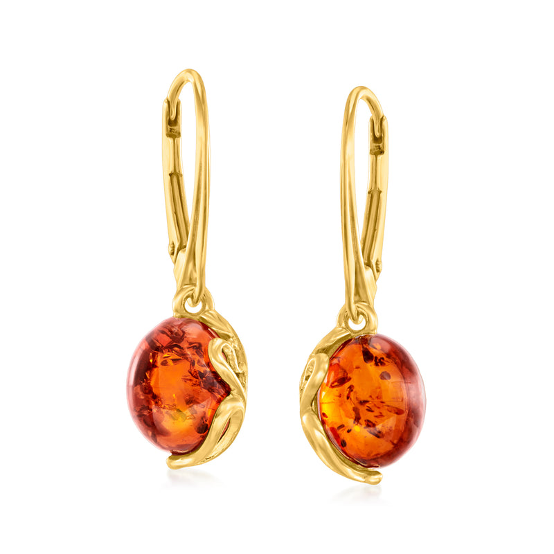 Amber drop earrings in gold over sterling with leverback hooks and oval amber stones