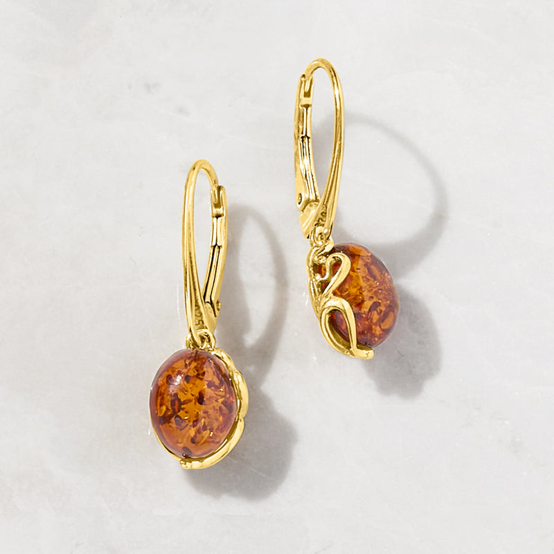Gold over sterling amber drop earrings with leverback closures and round amber stones