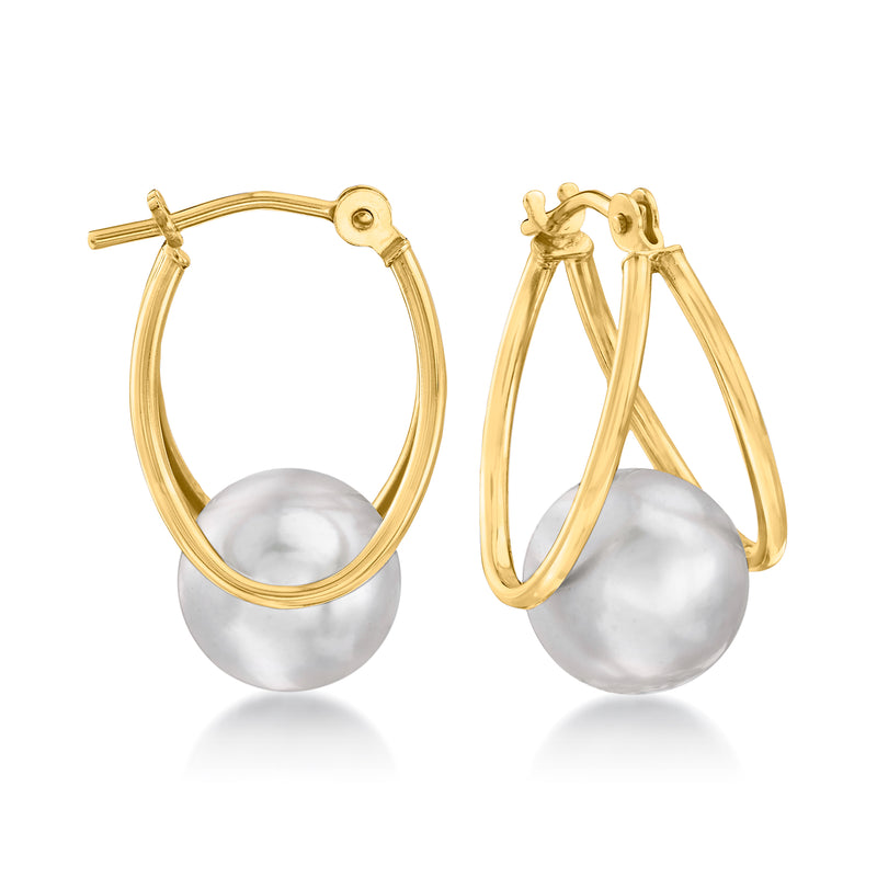 14kt yellow gold double-hoop earrings with gray cultured pearl drops and hinged posts