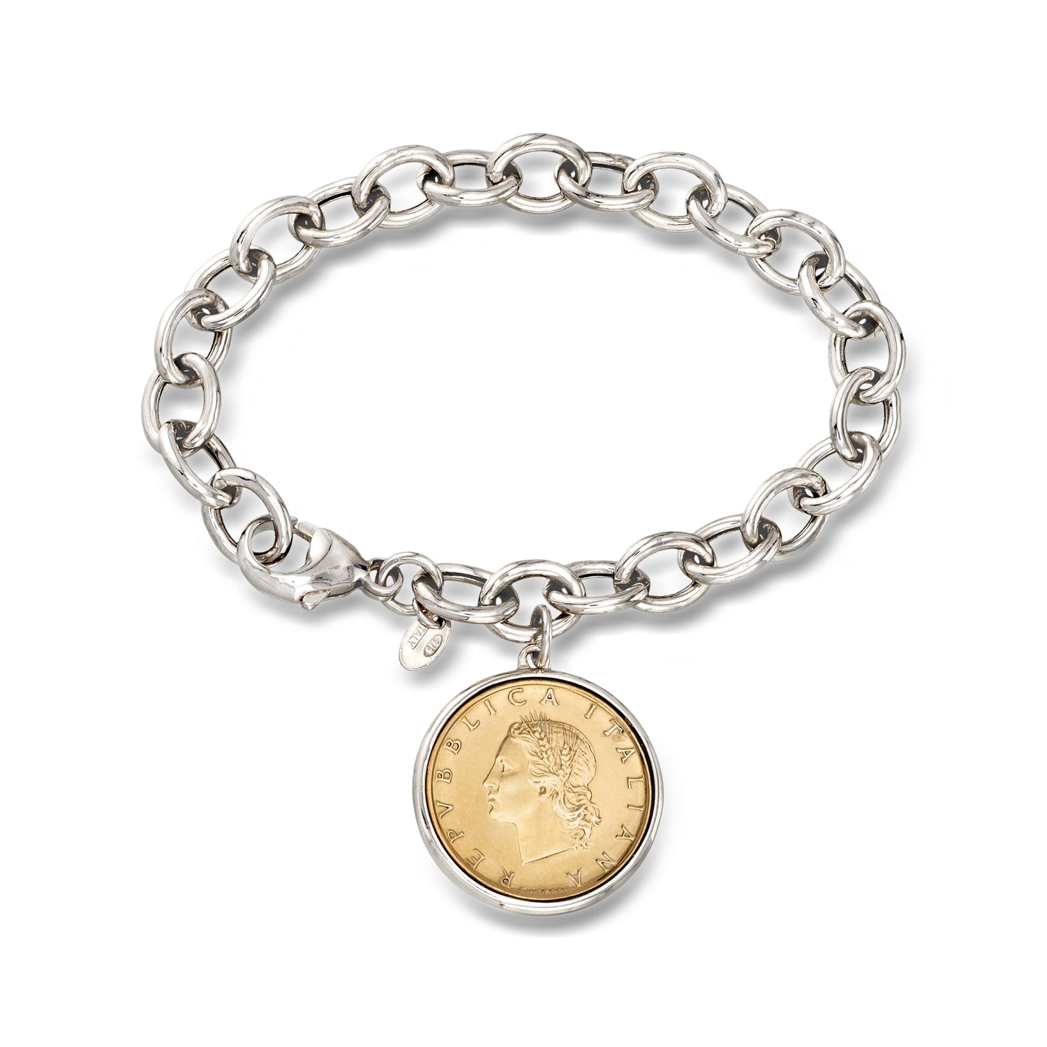 Italian Genuine 20-Lira Coin Charm Bracelet in Sterling Silver