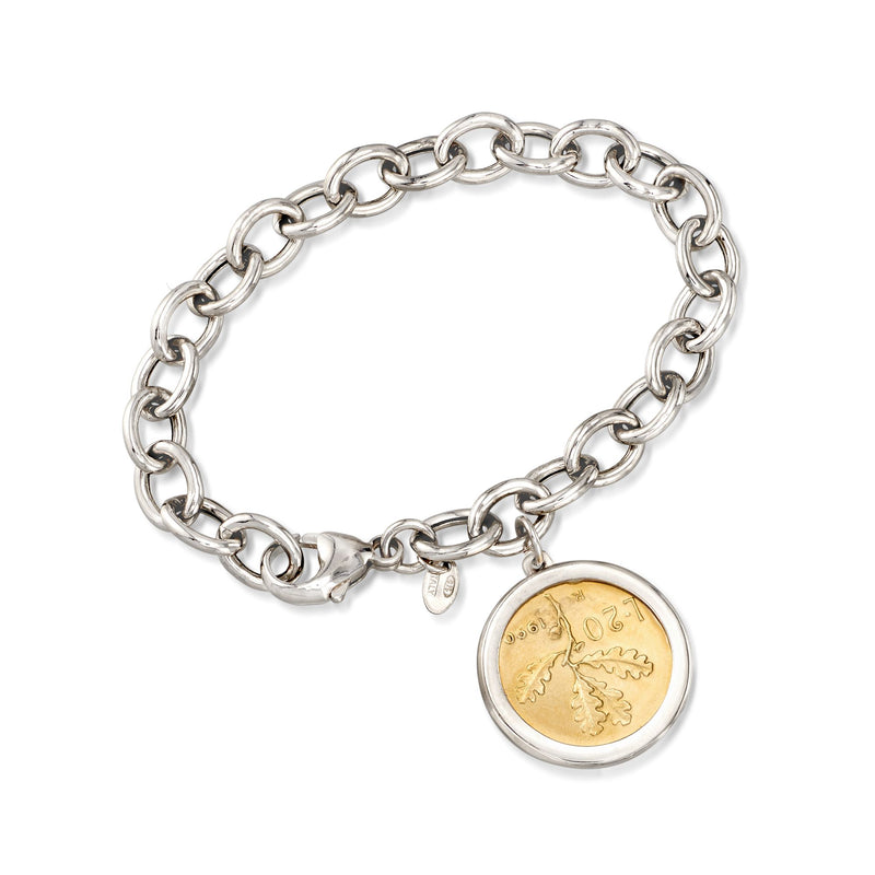 Sterling silver bracelet with round gold coin charm and interlocking chain links