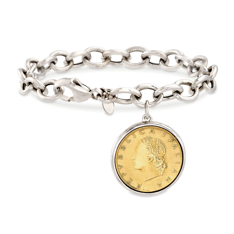 Sterling silver coin charm bracelet with large round gold coin pendant