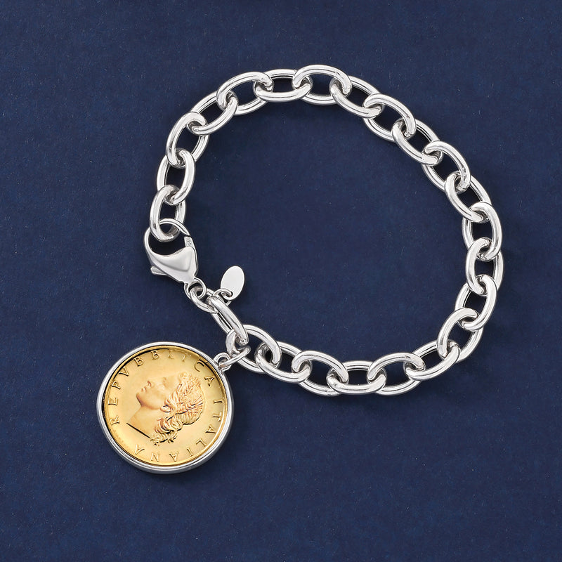 Sterling silver coin charm bracelet with round gold coin and small heart detail