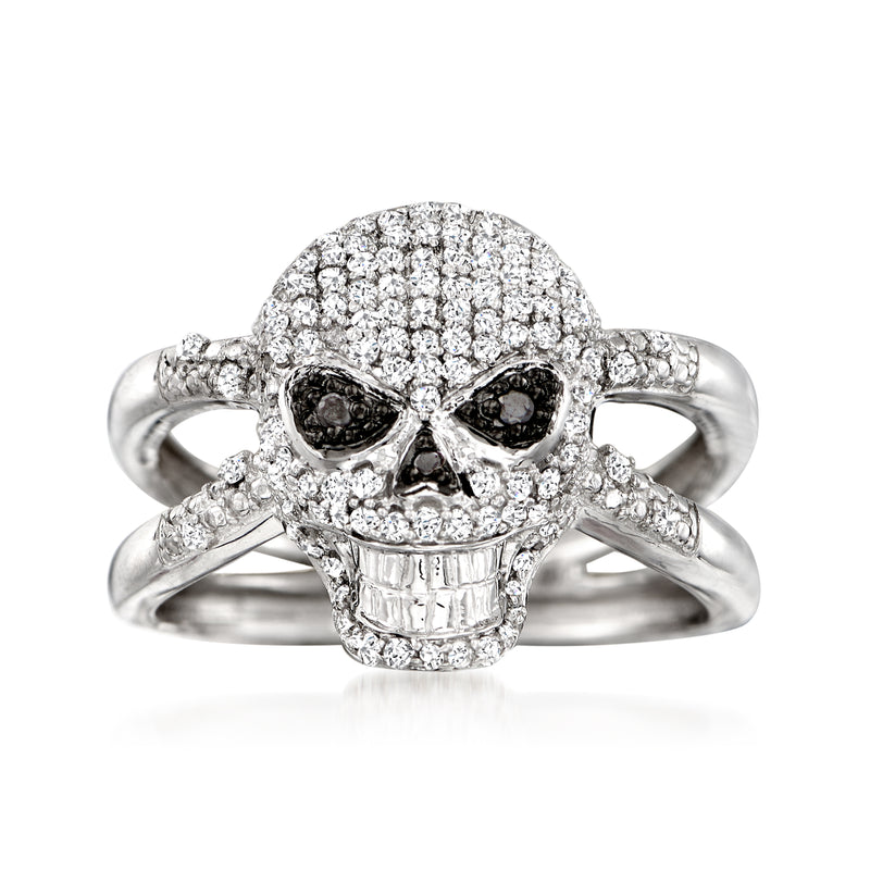 Sterling silver skull ring with black and white diamond accents