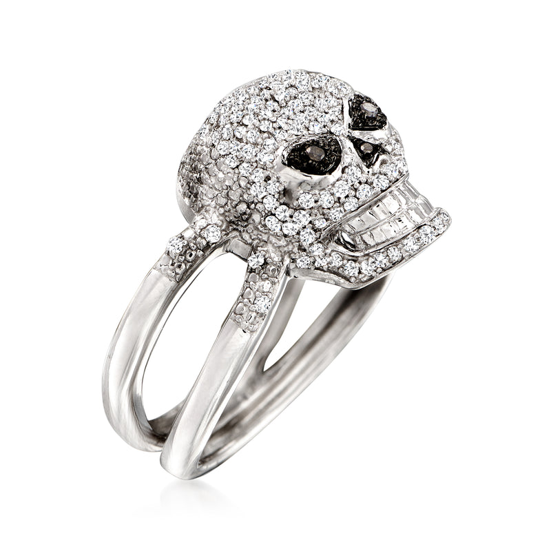 Sterling silver skull ring with black and white diamonds