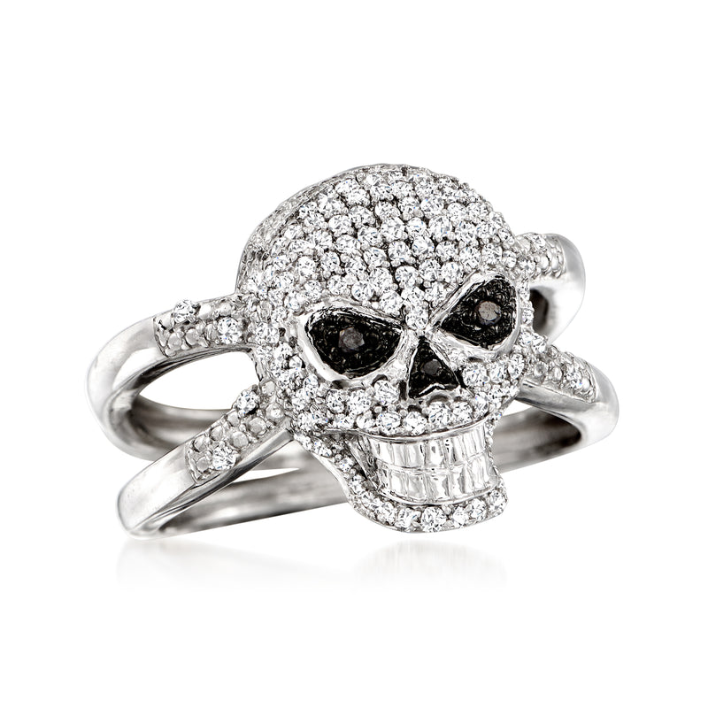 Skull ring in sterling silver with black and white diamond accents