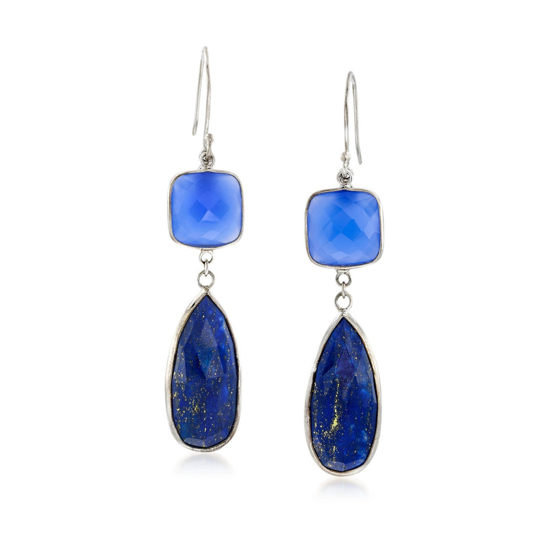 Sterling silver drop earrings with cushion-cut blue chalcedony and teardrop lapis stones