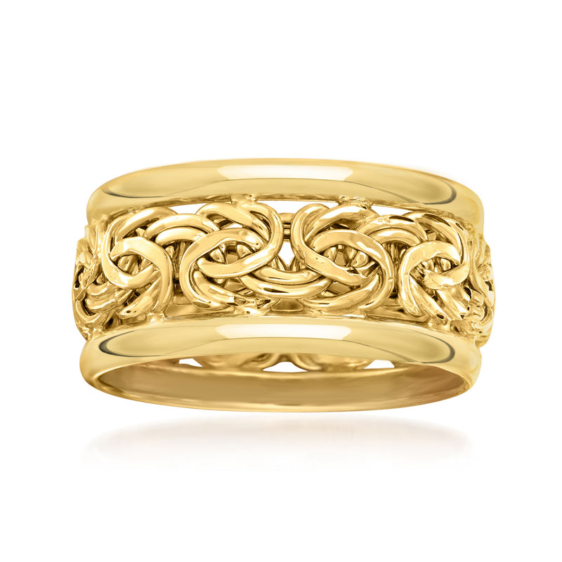 14kt yellow gold bordered Byzantine ring, polished braided band
