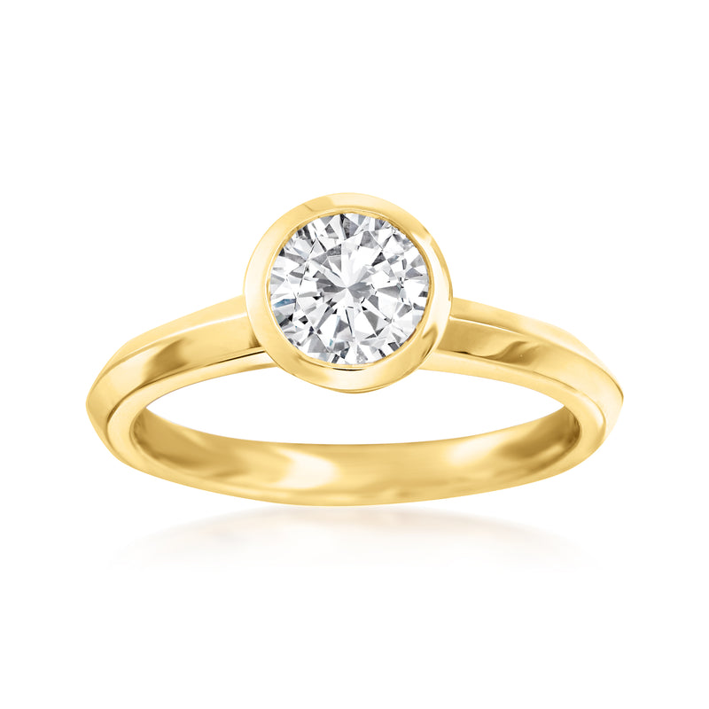 14kt yellow gold bezel-set round diamond solitaire ring with raised bezel setting