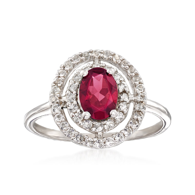 Sterling silver double halo ring with oval red gemstone and white topaz accents
