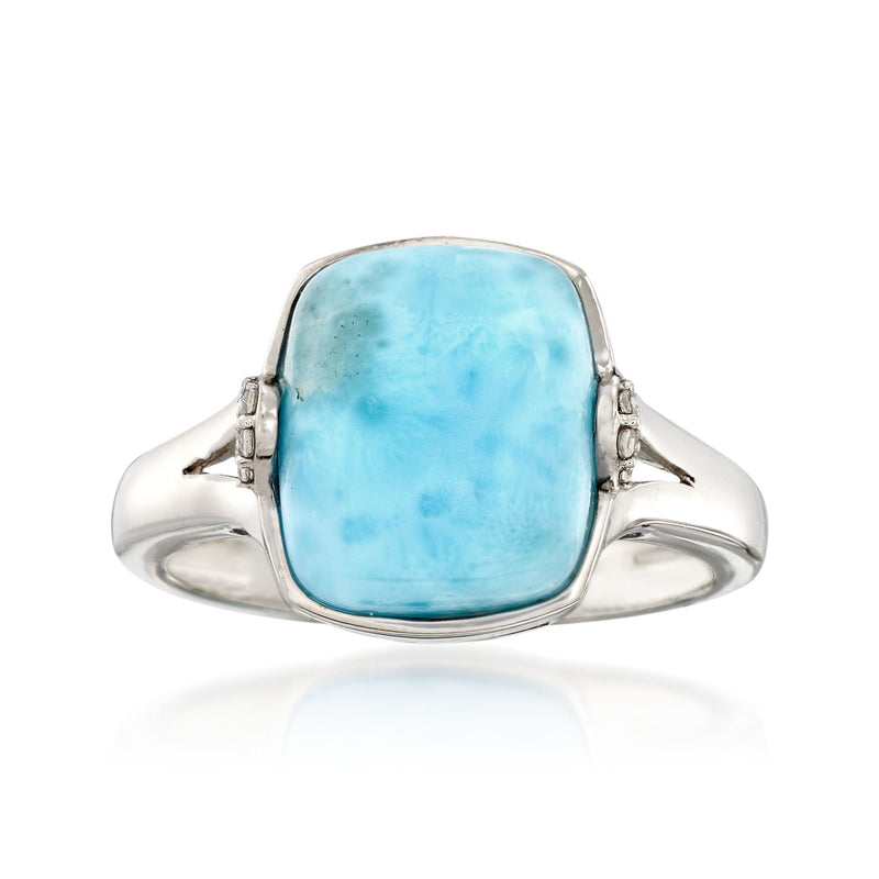 Larimar ring in sterling silver with square blue stone and white zircon accents