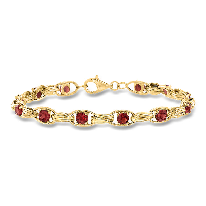 14kt yellow gold oval-link bracelet with red oval garnet stones