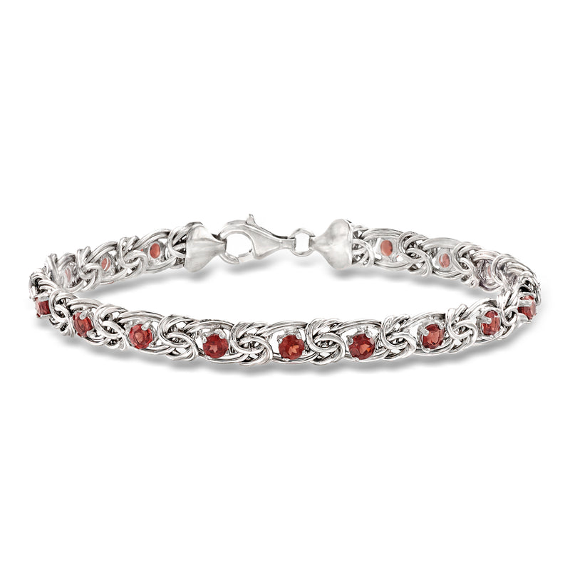 Sterling silver Byzantine bracelet with round red garnet-style stones, hinged clasp