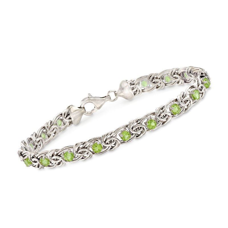 Sterling silver peridot Byzantine bracelet with green oval gemstones and link chain