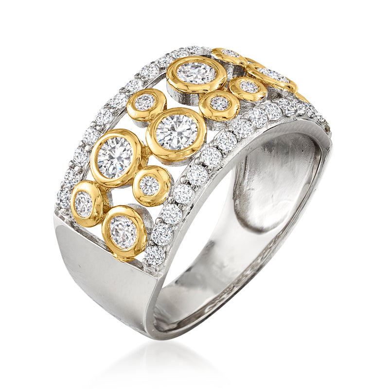 Sterling silver and gold-over-silver CZ bubble ring with round pavé accents