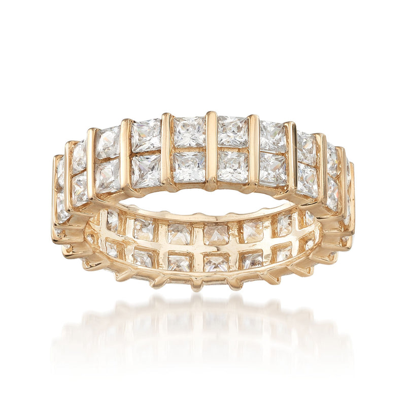 14kt yellow gold eternity band with clear square CZ stones across the band