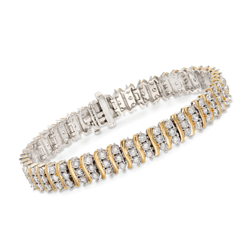 Two-tone sterling silver CZ station tennis bracelet with sparkling clear stones, hinged links