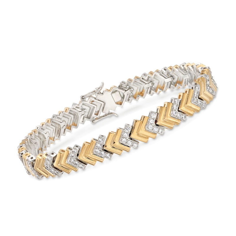 Two-tone CZ chevron-link tennis bracelet in sterling silver with gold-tone and silver links