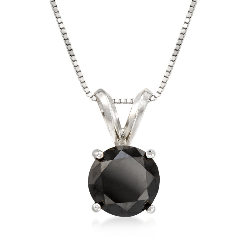 Round black diamond solitaire pendant on 14kt white gold chain