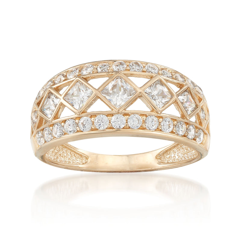 14kt yellow gold CZ open-space ring with round and princess-cut style stones, domed top